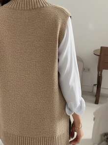 Solid Cable Knit Knitted Vest, Casual Sleeveless Crew Neck Split Hem Top, Women's Clothing - Khaki - View 4