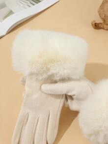 Cute 1pair Women's White Imitation Wool High Density Cuff Warm Gloves With Touchscreen Function, Winter Outdoor Cycling Accessory - trắng - Xem 2