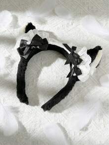 1pc Cute Furry Cat Ear Headband With Bow Tie For Women, Pink - Multicolor - View 3