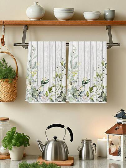 2Pcs Microfiber Kitchen Towels Watercolor Eucalyptus Leaf White Wood Grain Tea Towels For Brunch Table & Everyday Home Kitchen Decor