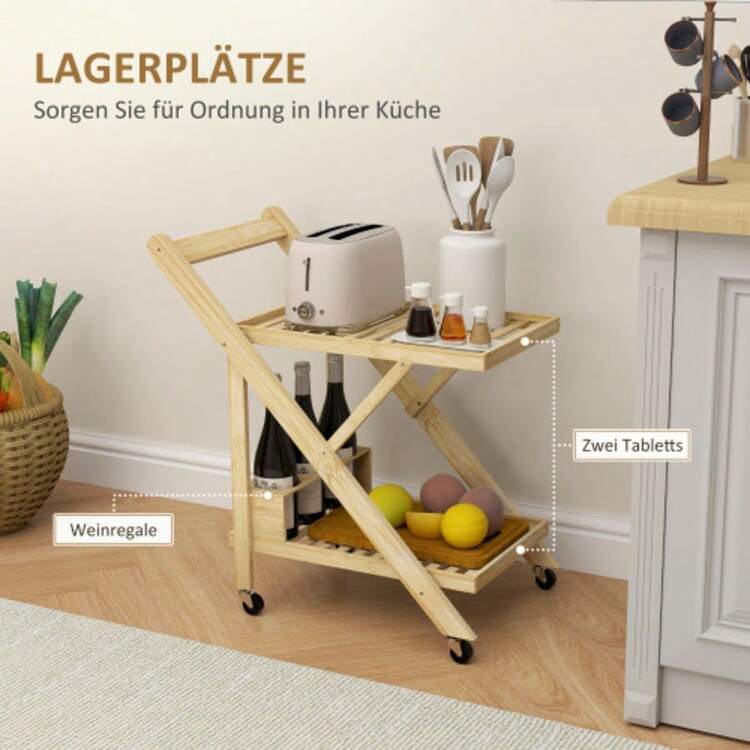 HOMCOM Kitchen Trolley With Wine Rack, Worktop, 2 Shelves, Rolling Trolley For Office, Kitchen, Living Room, 66 X 40 X 70 Cm, Bamboo, Natural - Mustard Yellow - View 4
