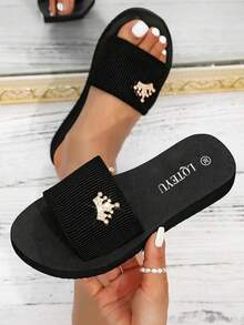 1 par de chinelos de praia casuais básicos em EVA (copolímero de etileno-acetato de vinila) para mulheres, adequados para praia, escritório, atividades ao ar livre, casa, verão. Novos chinelos de sola macia sem fecho. - Preto - Ver 1