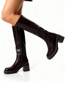 Brown Over-The-Knee Chunky Heel Boots, Black Classic Versatile Thigh High Boots, Women's Mid-Calf Equestrian Boots, Autumn/Winter New Arrivals,Party - 棕色 - 查看 9