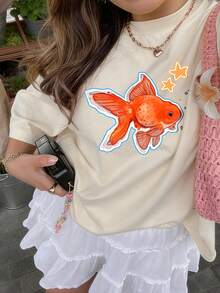 Tween Girls' Casual Apricot Printed Round Neck Short Sleeve T-Shirt, Summer Top - Apricot - View 9