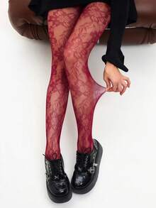 Enchanted Evening Stockings - Wine Red Lace Fishnets With Floral Detail For Date Night & Special Occasions - Burgundy - View 6
