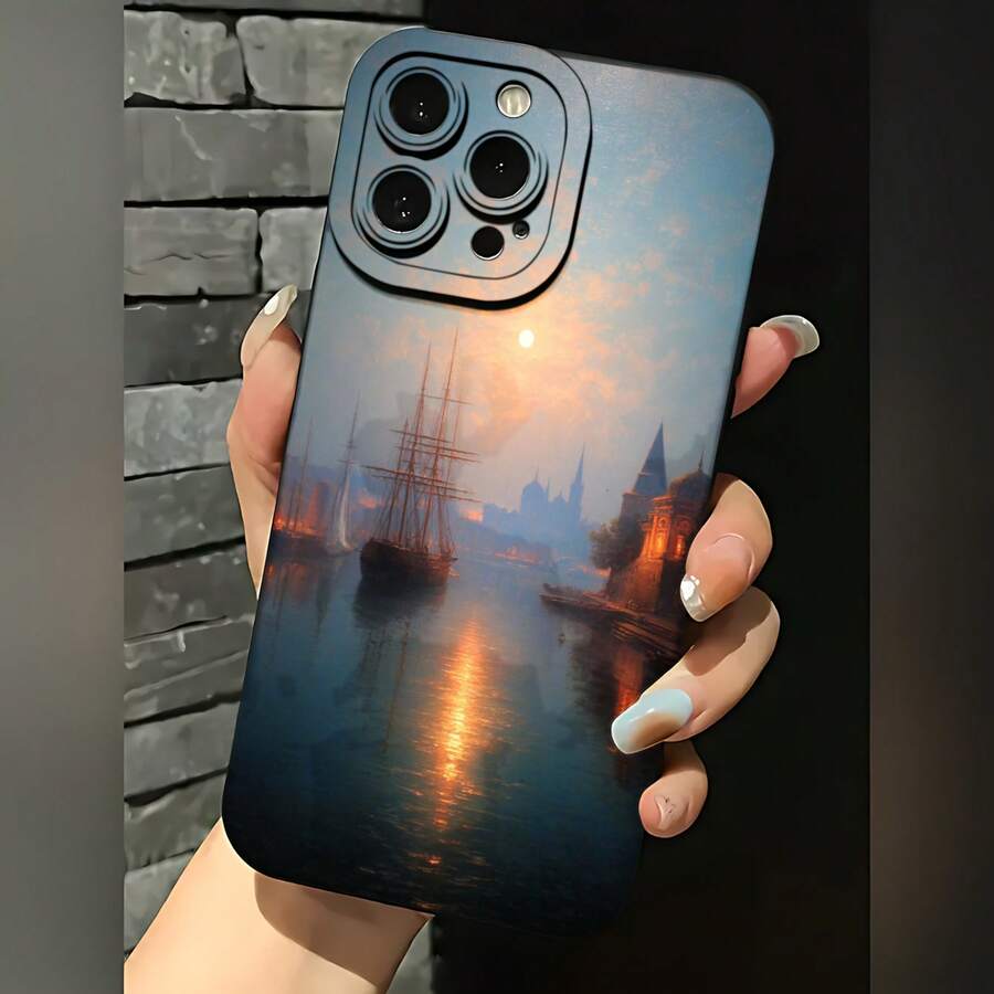 2026 nueva funda de teléfono esmerilada, funda de teléfono con impresión de barco y castillo en el atardecer para  17 15 Pro Max  17 14 Pro  17 13  Galaxy S23 S22 S21 protector de teléfono funda de pareja regalo para novio novia regalo de vacaciones - Blanco antiguo - Ver 1