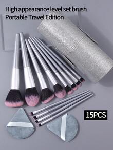 15pcs High-Quality Makeup Brush Set - Soft Blush Brush, Powder Brush, Contour Brush, Eyeshadow Brush, Eyeliner Brush + Flocked Makeup Sponges + Large Capacity Storage Bucket