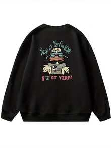 Women's Casual Loose Fit Cotton Sweatshirt With Cartoon Duck Print And Letter Pattern, Versatile For Autumn/Winter - Black - View 3