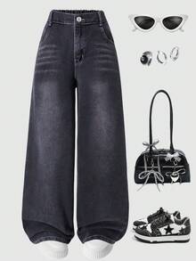 Tween Girls' Pocketed Loose Fit Casual Washed Wide Leg Jeans - Black - View 2