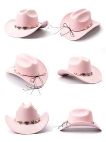 1pc Unisex Solid Color Western Cowboy Hat, Soft Wool Felt Material, Heart Rhinestone Metal Star Beaded Decor, Suitable For Back To School, Party, Western Theme Event, Gathering, Valentine's Day, Graduation, Masquerade, Holiday, Birthday, Music Festival, Mother's Day, Travel, Hiking, Daily Wear, Fashion & Versatile - Style 1 - View 3