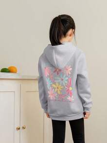 1件少女休闲印花套头卫衣，保暖内衬，长袖，秋冬季学生服装 - 淺灰色 - 查看 2