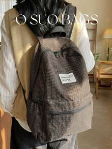 Large Capacity Fashionable Plaid Multi-Pocket Nylon Casual Backpack, Waterproof Lightweight Foldable Drawstring Patch Letter Travel Bag, Summer - Brown - View 5