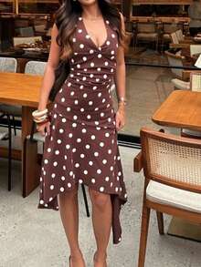 QIANZHIDU SUNSTORY 女士夏季波点复古休闲优雅露背吊带迷你连衣裙，女士泡泡裙，无袖露背A字连衣裙，适合夏季休闲度假、婚礼宾客、优雅派对、晚宴、下午茶、约会、毕业典礼等场合，女士夏季迷你裙 - 棕色 - 查看 7