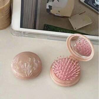 Kuddemassagekam, hårborste med spegel, lätt resekam, bärbar och hopfällbar, sminkborste, skönhetsväska, lämplig för styling och massage, slitstark ABS-plast, lämplig för kvinnor, ett måste för att gå ut, resetillbehör.