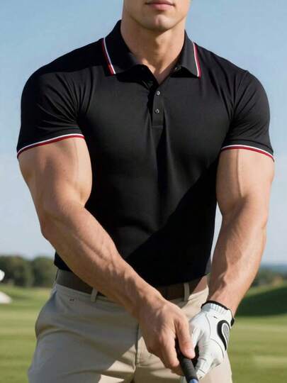 Men's Summer Casual Minimalist Business Polo Shirt, With Striped Trim On Collar And Cuffs, Suitable For Formal Occasions, Work Commute And Everyday Wear