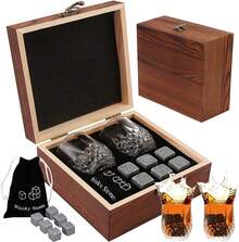 NANCHU Juego de Vasos para Whisky Set de Regalo con Whisky,Gift Set con 2 Vasos 6 Piezas de Piedra de Whisky y Bolsa, Pinzas de Acero Caja de Madera de Pino, para Cognac, Vodka, Bourbon,Cocktai (T-1) - Acero inoxidable - Ver 1