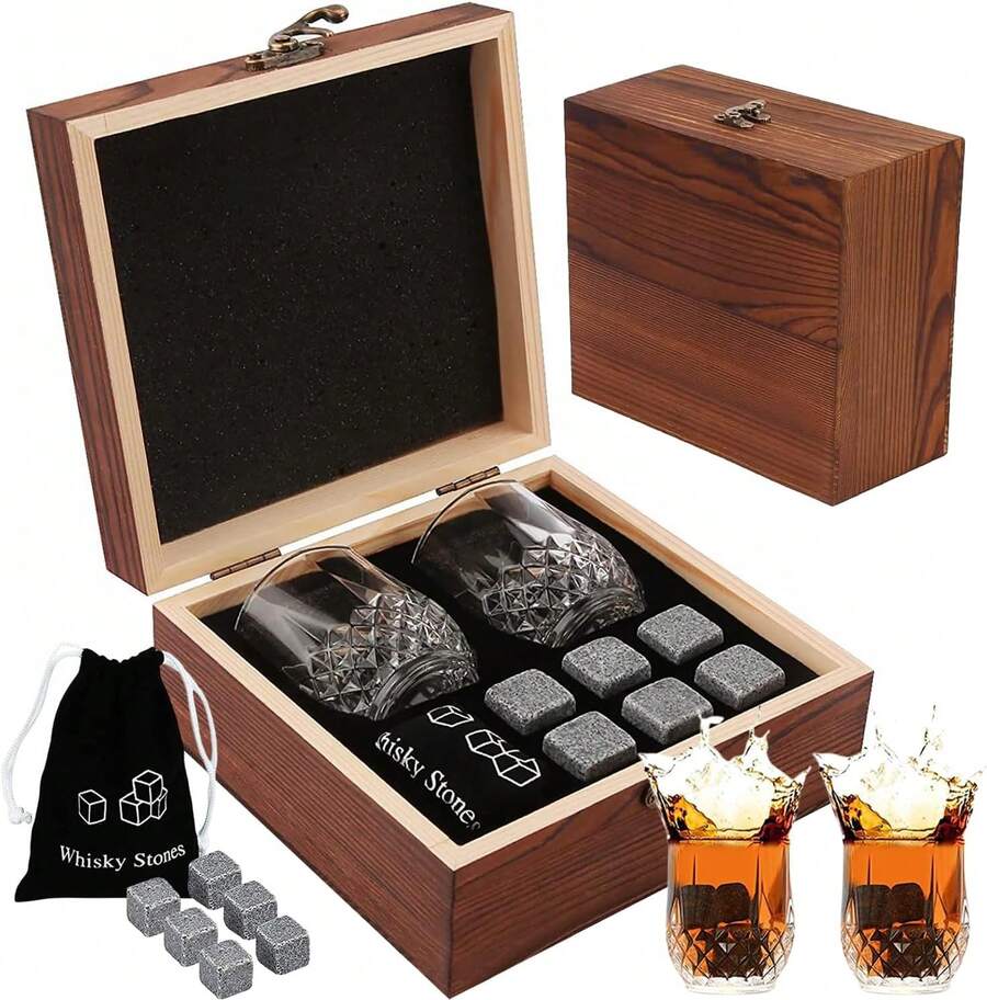 NANCHU Juego de Vasos para Whisky Set de Regalo con Whisky,Gift Set con 2 Vasos 6 Piezas de Piedra de Whisky y Bolsa, Pinzas de Acero Caja de Madera de Pino, para Cognac, Vodka, Bourbon,Cocktai (T-1) - Acero inoxidable - Ver 1