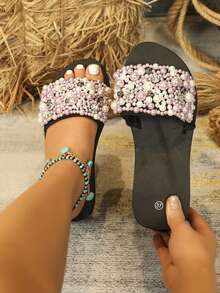 Sandal Jepit Minimalis Wanita, Sandal Pantai Kain Warna Polos dengan Aksen Kupu-kupu Berlian Imitasi, Sandal Selop Hak Platform Nyaman untuk Semua Musim - MultiWarna - View 4