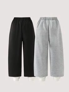 2pcs/Set Girls Straight Leg Sweatpants, Casual Loose Fit Solid Color Trousers, Black & Gray, Spring/Autumn