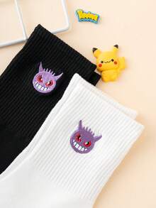 pokemon 2 双男士刺绣宝可梦系列图案趣味卡通中筒袜，男女通用，运动风格，适合所有季节，欧美尺码，舒适透气耐穿，色彩鲜艳，适合日常穿着，采用优质面料制成，不闷热。 - 黑與白 - 查看 4