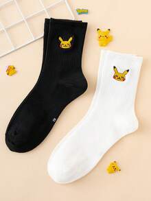 pokemon 2 双男士刺绣宝可梦系列皮卡丘图案趣味卡通中筒袜，男女通用，适合运动，四季皆宜，欧美尺码，舒适透气，经久耐穿，色彩丰富，适合日常穿着，采用优质面料制成，不闷热。 - 黑與白 - 查看 5