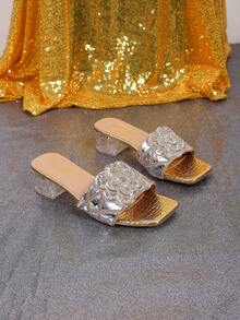 1 para modnych, błyszczących, odblaskowych, zdobionych kryształkami sandałów wsuwanych w dużych rozmiarach dla nastolatek, eleganckie, kryształowo-przezroczyste klapki na grubym obcasie, uniwersalne na urodziny, imprezę, na co dzień, do pracy, w podróż, na wiosnę/lato - Złoto - Zobacz 4