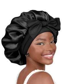1 pièce Bonnet de nuit élastique léger en satin avec nœud papillon, bonnet de douche de couleur unie pour femmes et filles, noir, chapeau de sommeil en soie - Prune - Voir 2