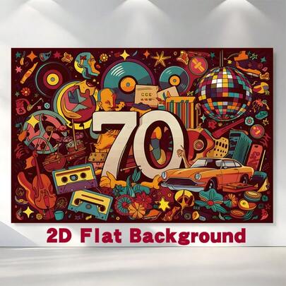 2D Flat 1pc 70s-Style Party Banner With A Retro Design Featuring Black Vinyl Records, Cassette Tapes And A Disco Ball On A Bright Red Background. This Durable Polyester Photography Backdrop Is Ideal For Disco Ball Decorations For Homes, Bars, Cafes, Studios, And Events With A Retro Theme. The High-Quality Fabric Is Available As A 2D Flat File.