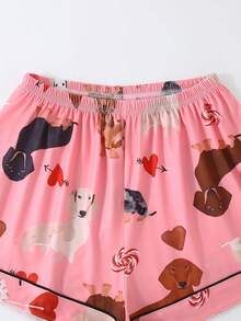 3 piezas Conjunto de ropa de dormir para mujer, camisa de manga corta, pantalones cortos y pantalones, bata con botones, ropa de estar por casa casual con estampado de perro salchicha, cómoda y holgada, adecuada para todas las estaciones, ideal para regalar - Rosa - Ver 6