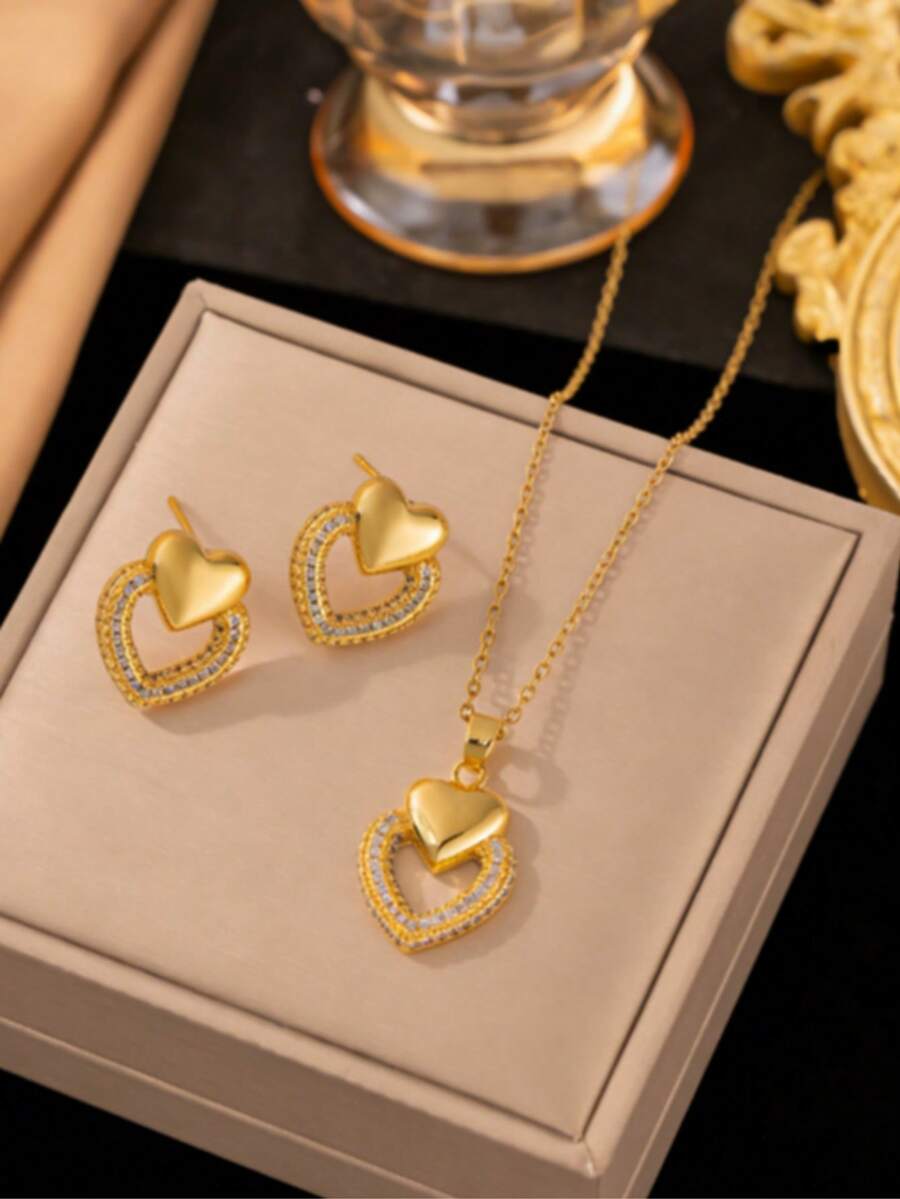 Set de 3 piezas de joyería con colgante en forma de corazón y aretes, accesorios minimalistas clásicos, adecuados para múltiples ocasiones durante todo el año (empaquetado en bolsa de OPP) - Amarillo Oro - Ver 1