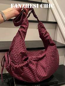Japanese Style Plaid One Shoulder Bag, Fashion Pleated Bowknot Zipper Closure Crossbody Bag, School/College/University Student Lightweight Foldable Cloth Bag, Suitable For Shopping, Daily Commute, Crescent Moon Bag
