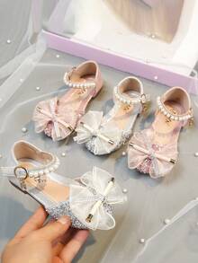 1 Pair Fashionable & Elegant Girls Princess Bow Rhinestone Summer Sandals, Casual Versatile Flat Slip-On Beach Shoes, Suitable For Toddler, Little & Big Kids - Pink - View 6
