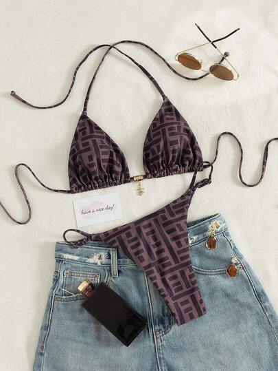 Random Print Women's Geometric Print Halter Sexy Beach Bikini Set, Suitable For Spring And Summer Wear