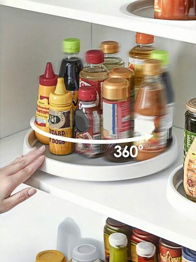 半件装圆形多功能收纳架转盘，360°旋转储物架，采用防滑旋转桌面设计和防滑橡胶垫，确保稳定性。非常适合整理和存放橱柜、食品储藏室、厨房、冰箱、浴室盥洗台、水槽下方等处的物品，也可作为旋转调料架和厨房用具使用。