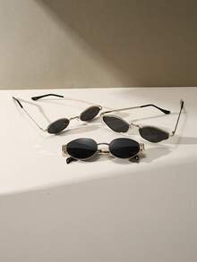 3 Pairs Unisex Diamond Oval Metal Frame Sunglasses, Retro Geometric Fashion Eyewear, Suitable For Women And Men, Ideal For Driving And Beach Vacation - Black - View 2