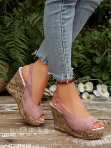 1. 轻盈面料女士坡跟露趾凉鞋，夏季新款水晶吊坠绑带露趾坡跟高跟鞋 - 淺粉色 - 查看 8