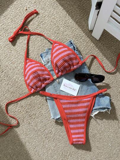 2026 Neuer Sexy Damen Strandurlaub Bikini 2-teiliges Set, Kontraststreifen strukturierter Stoff, geeignet für Frühling/Sommer Alltag, Schwimmbadparty, Date, süßer Badeanzug