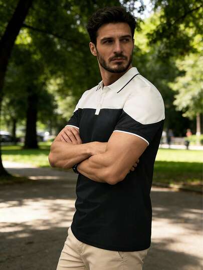 男士休闲纯色 Polo 衫 男士印花短袖 Polo 衫，翻领带纽扣