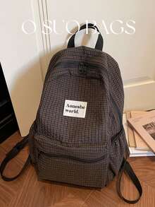 Large Capacity Fashionable Plaid Multi-Pocket Nylon Casual Backpack, Waterproof Lightweight Foldable Drawstring Patch Letter Travel Bag, Summer - Brown - View 3