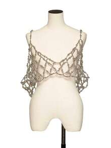 DEKUNER 2026春夏新款手工银色串珠网状身体链，Y2K时尚镂空胸带上衣，派对及街头风配饰 - 銀色 - 查看 6