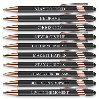 Set Of 10 Black Motivational Pens With Touchscreen Stylus - Inspiring Quotes Engraved - Perfect For Writing And Digital Devices