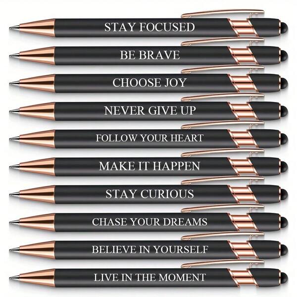 Set Of 10 Black Motivational Pens With Touchscreen Stylus - Inspiring Quotes Engraved - Perfect For Writing And Digital Devices