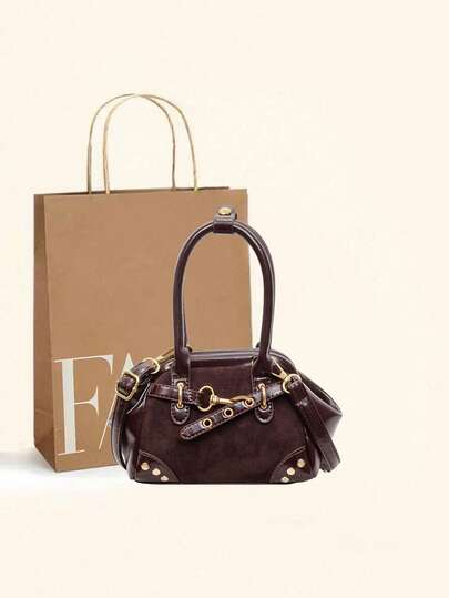 Bolso de mano de cuero vintage con acabado aceitado y brillante, bolso de hombro de mujer con diseño de remaches y ojetes, cartera mini de parche esponjoso y elegante, adecuado para uso diario, compras, citas, regalo