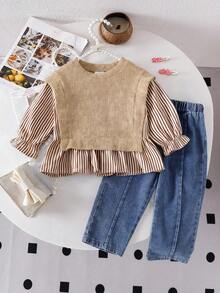 2pcs Baby Girls Striped Patchwork Crew Neck Long Sleeve Top And Denim Long Pants Outfit, Fashionable And Versatile For Outings - Apricot - View 1