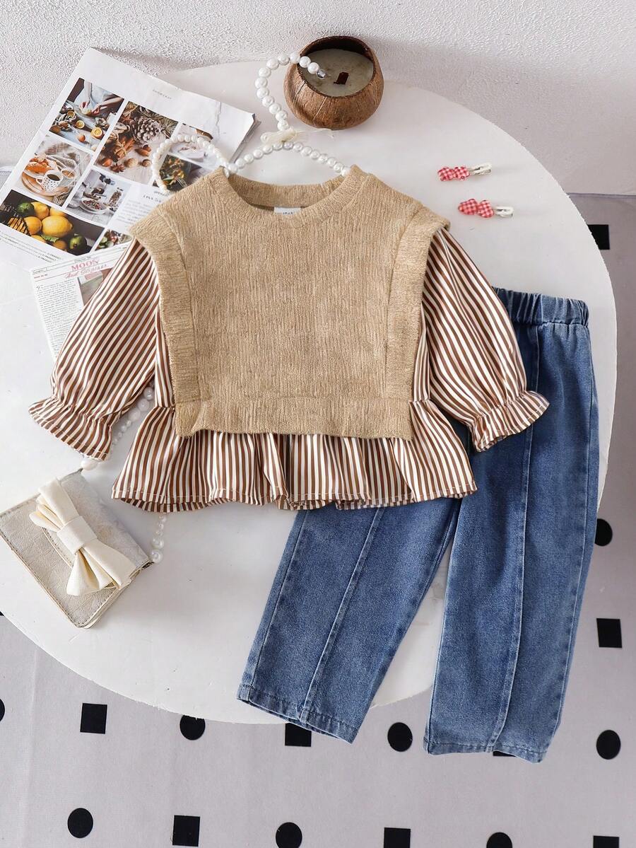 2pcs Baby Girls Striped Patchwork Crew Neck Long Sleeve Top And Denim Long Pants Outfit, Fashionable And Versatile For Outings - Apricot - View 1