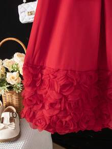 1件女童公主连衣裙，夏季时尚蝴蝶结玫瑰花图案无袖背心裙 - 紅色 - 查看 6