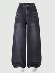 Tween Girls' Pocketed Loose Fit Casual Washed Wide Leg Jeans - Black - View 1