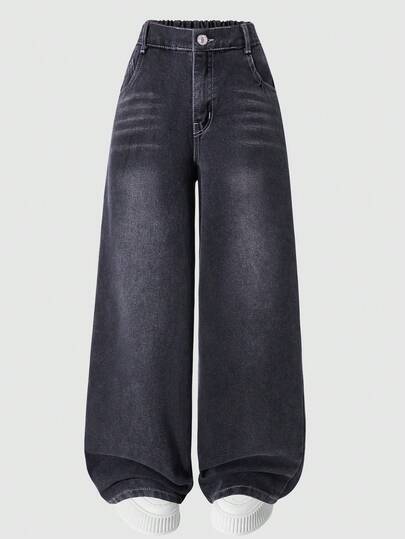 Tween Girls' Pocketed Loose Fit Casual Washed Wide Leg Jeans