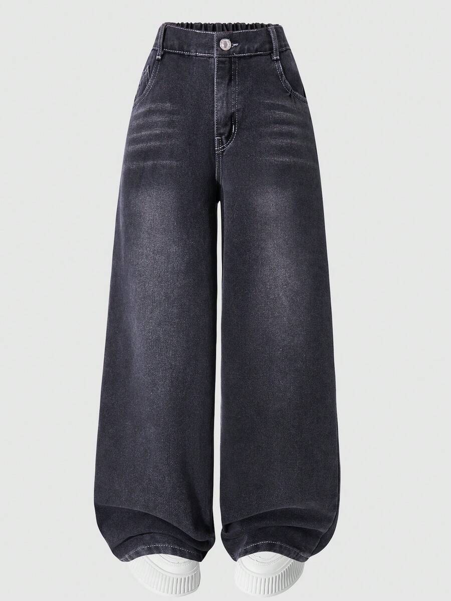 Tween Girls' Pocketed Loose Fit Casual Washed Wide Leg Jeans - Black - View 1