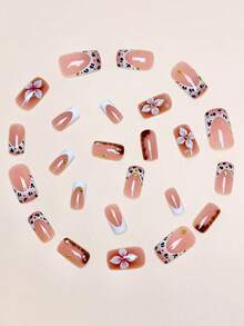 24 buc unghii acrilice imprimate cu model francez elegant, pătrate, maro, ombre, cu imprimeu leopard, model francez, flori 3D, model stelar, pentru a crea manichiura exclusivă de toamnă/iarnă! Potrivite pentru fete și femei, pentru uz zilnic, include 1 buc gel și 1 buc pilă de unghii